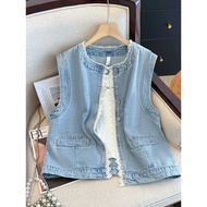 denim vest woman denim jacket woman Lace Denim Vest - Women's Sleeveless Summer Fashion