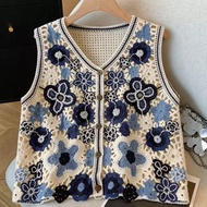 Bohemian Three-Dimensional Embroidered Knitted Vest Women V-Neck Single-Breasted Hollow Cardigan Sea