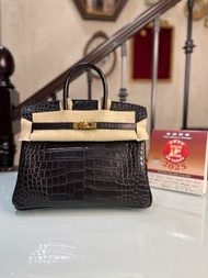 Hermès Birkin 25 黑金鱷魚皮手提包