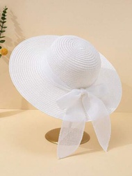 1 件裝男女通用兒童白色寬邊遮陽草帽,帶絲帶蝴蝶結裝飾,適合戶外日常佩戴,海灘防曬佩戴,新娘季節兒童禮物