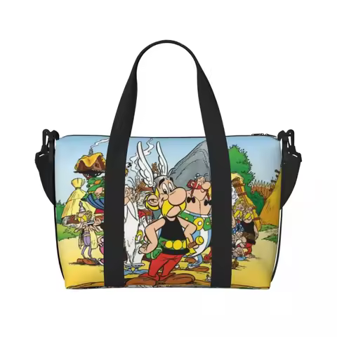 Fashion Anime Asterix And Obelix Beach Tote Bag Women Extra Large Gym Carry On Anime Cartoon Getafix