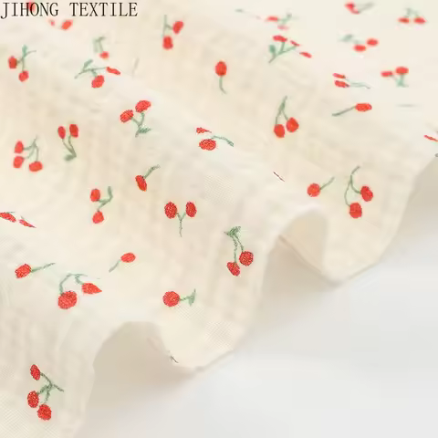 1m/2m/5m Soft Muslin Gauze Cotton Crepe Fabric Cherry Print Double Layer Children Pajamas Quilt Fabr