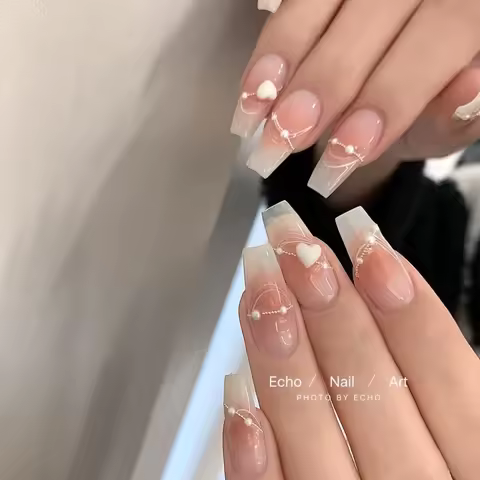 Pink Swoosh Hand Wear Nail Ins Style Pearl Love Blush Nail Cute Love Fake Nail Girl Gift