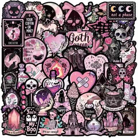 50 Pcs Gothic Skull Witchy Stickers Dark Pink Goth Waterproof Vinyl Graffiti Stickers for Hydro Flas