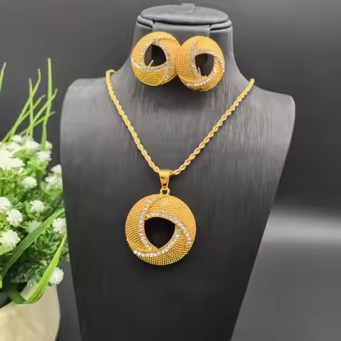 African Indian Bridal 2Pcs Pendant Jewelry Set 24K Gold Plated Dubai Women Wedding Necklace&Earrings