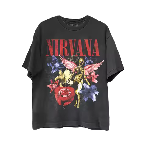 Nirvana Angel & Floral Art Graphic Oversized T-Shirt – Grunge Rock Band Artistic Contrast Print Cott