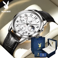 PLAYBOY นาฬิกาผู้ชาย2024 นาฬิกาผู้ชายกันน้ำ กันกระแทก 100% Authentic watch men ยแฟชั่นกีฬาหนังโครโนกราฟกันน้ำนาฬิกาข้อมือ