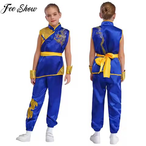 Chinese Tai Chi Uniform Girl Boy Satin Kung Fu Suit Martial Arts Taichi Performance Costume Short Sl