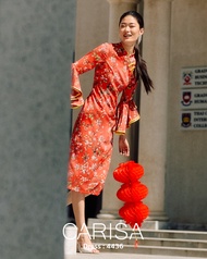 [4436] เดรสกี่เพ้าลายดอกไม้คอจีน ผ้าคอตตอลสเปนเด็กซ์ แต่งแขนกระดิ่งยาว ดีไซน์ผ่าข้าง