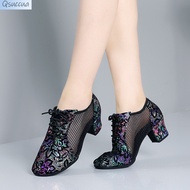 Qsuccua Adult Ladies Square Ballroom Dance Mid-heel Thick-heeled Breathable Mesh Dance Sneakers