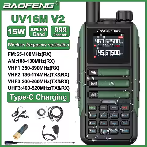 Baofeng UV16M V2 Six-band 15W WalkieTalkie IP67 Wireless frequency replication USB-C Charger UV-16 L