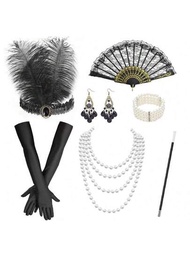 9入組1920年代花樣女郎裝飾套件，包括羽毛頭箍、手套、珍珠項鍊、香煙支架、手持扇風機、長吊墜耳環，供派對表演使用