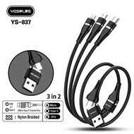 YESPLUS YS-837 Metal 3 in 2 PD USB Data Cable / 66W High Speed Super Fast Charging / Durable Safe Sp