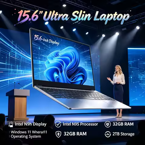 Lightweight 15.6 Inch Laptop Intel N95 Processor 32GB Large RAM 2TB Big Storage Win11 Home Office Tr