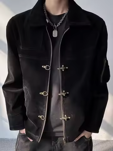 Retro American Suede Jacket Autumn Design Aircraft Buckle Workwear Jacket New Chinese Style Men's Fa