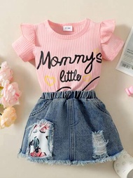 寶寶女孩夏季短袖連體背心和字母印花牛仔裙套裝