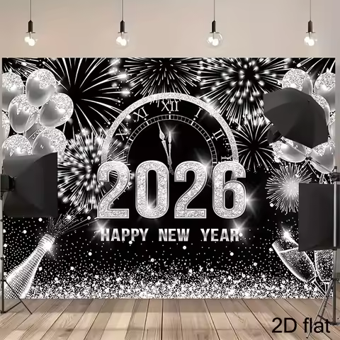 2D flat, 1 piece black and silver 2026 Happy New Year background, Hello 2026 New Year's Eve party ph
