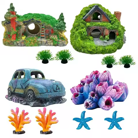 Aquarium Decoration Hobbit Small Landscape Room Resin Cave Reptile Fish Tank Evacuation House Decora