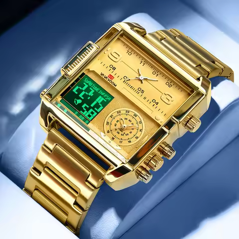 Electronic Watch Men Square 46mm LED Stainless Steel Alarm Timing Wristwatch Top Brand Luxury Gold M