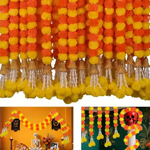 Artificial Marigold Garland Plastic Flower Wreath for Indian Diwali Festival Day of The Dead Mexico 