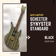 Schecter Synyster มาตรฐานกีต้าร์ไฟฟ้าลายเส้นสีดำสีเหลือง24เฟร็ตโครงกระดูกกีต้าร์ไฟฟ้าฝังกีตาร์มืออาช