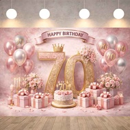 70th Happy Birthday Polyester Waterproof Banner Backdrop Pink Gold Floral Photography Background for