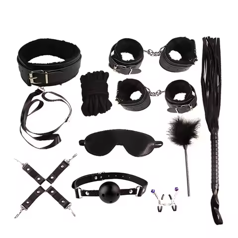 BDSM Bondage Restraint Kit 10 Pieces Leather Handcuffs Ankle Cuffs Collar Whip Ball Gag Blindfold Ni