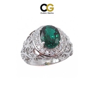 CG Premium Lab Grown Emerald with Moissanite Gems Batik Pattern Sterling Silver 925 Men's Ring