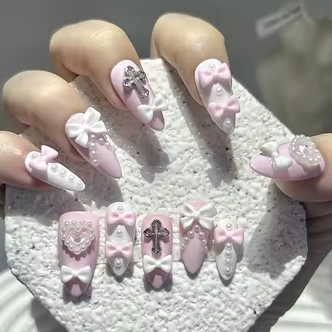 Y2K Gyaru Spice Girls Bow Pearl Cute Pink White Almond Handmade Press On Nails Heart Cross Jirai Fak