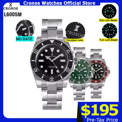 Cronos Sub Diver Men Watch No Date PT5000 Brushed Bracelet Ceramic Bezel 200 meters Water Resistant