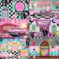 Back to 50s Theme Background Vintage Birthday Rock Roll Party backdrop Pink Car Guitar Dec Retro Din