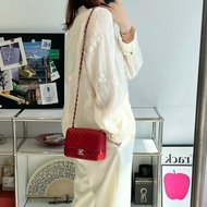 CHANEL 紅銀V紋荔枝牛皮CF中號肩背斜背包25*15*6.5 全新閒置配件盒子塵袋吊牌保卡