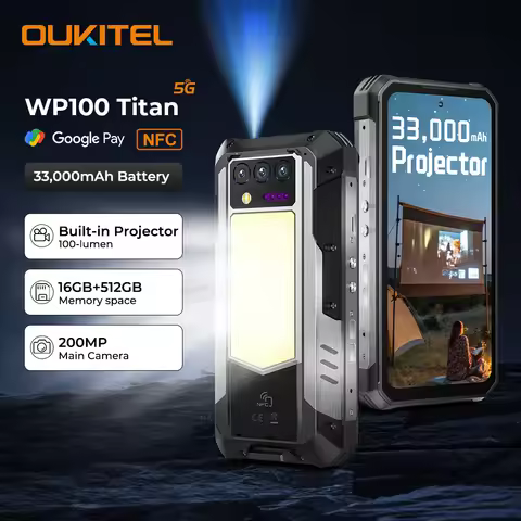 Oukitel WP100 Titan Rugged Phone 33000mAh 66W Charger 200MP Camera Built-in Projector Camping Light 