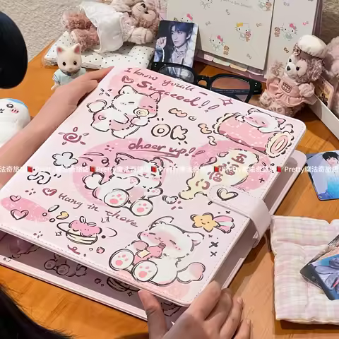 Lucky Cat A4 PU Leather Binder Large Capacity Photo Album 9-Grid Loose-Leaf Kpop Photocard Hard Cove