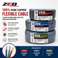 ZEB 100% Pure Full Copper 90M 3 Core Flexible Wire Cable PVC Insulated Sheathed (23/016 or 40/076 or
