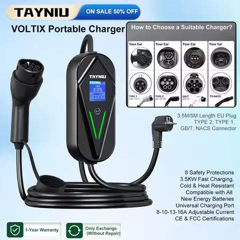 TAYNIU Protable EV Car Charger 3.5kW Schuko Plug,TYPE 2, TYPE 1 j1772, GB/T, TS-NACS Connector Charg