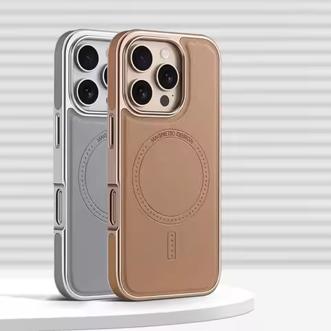 Luxury Plating Frame Leather Phone Case For iPhone 13 14 15 16 17 Pro Max For Magsafe Magnetic Wirel