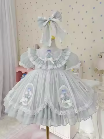 0-12Y Baby Girl Summer Rose Flower Embroidery Grey Vintage Princess Dress for Birthday Holiday Eid P