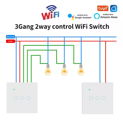 Wifi Smart 2way Switch 1gang 2gang 3gang Two Way Wall Touch Switch Voice and Smart Life TUYA APP Con