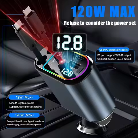 4-in-1 Car Charger with 2 Retractable Cable 120W Fast Charger Power Adapter Car Charger With Starlig