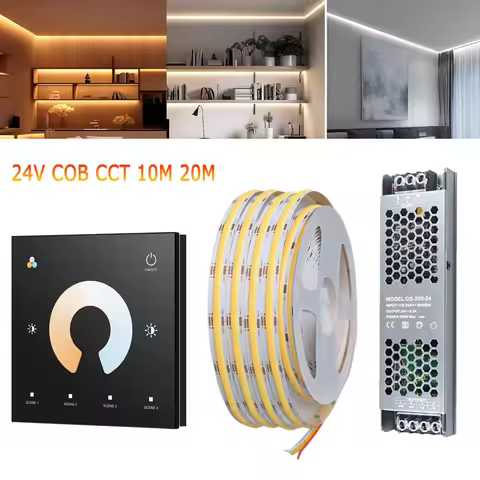Kit 10M 20M COB CCT LED Strip 24V Flexible High Density Dimmable Room Light Touch Panel Remote Contr