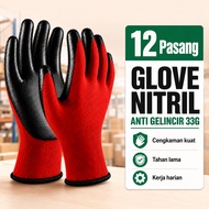 Glove Nitril Kerja 12 Pasang Merah Hitam 33G, Grip Kuat Anti-Gelincir untuk Binaan, Mekanik & Kerja 