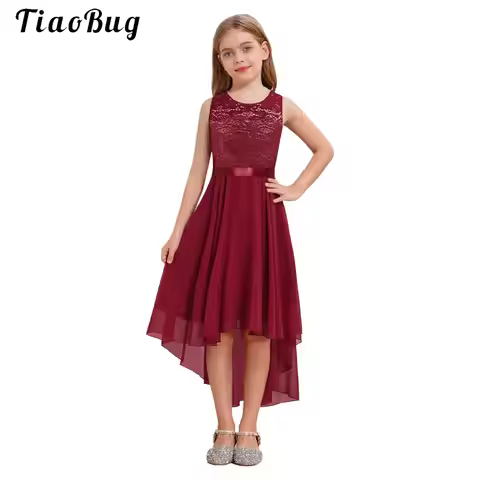 Lace Flower Girls Dress Summer Sleeeveless High Low Chiffon Princess Dress for Elegant Evening Party