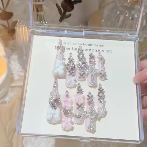 Pink Jirai Kei Cute Long Handmade Press On Nails Shibuya Gyaru Bow Heart Cross Diamond Stiletto Fake