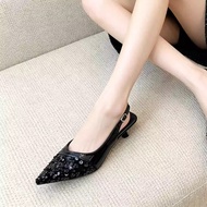 French Gentle Low-Heeled Half Slippers Women Silver Sequins Mary Jane Shoes Baotou Evening Evening S