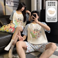 [Cotton Chest Pad Pajamas] Summer Couple Style Pajamas Set Simple Round Neck Cartoon Pajamas Girls W