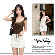 Miss Kitty Women's Fashion Square Neck T-Shirt There Are Lace Fabric Edges. Short Sleeves Wing Style