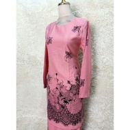 Baju Kurung Moden Pink Peach Rose Printed Tinted Tekap Hitam S-3XL