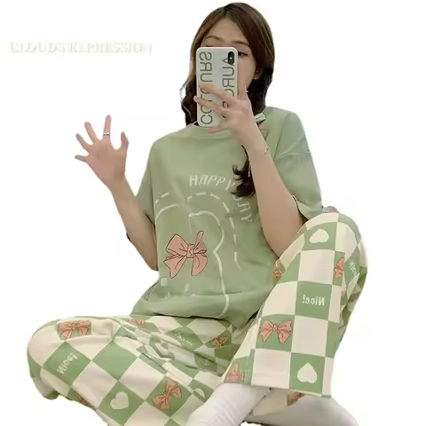 Summer New 5XL Pajama Sets Short Sleeved PJ Knitted Cotton Polka Dots Sleepwear Elegant Women's Paja