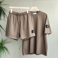 Stone Islandทหารบกชุดเสื้อยืดนำเทรนด์บางของผู้ชายกางเกงขาสั้นผ้าฝ้ายบริสุทธิ์เดินทางแบบเรียบง่าย